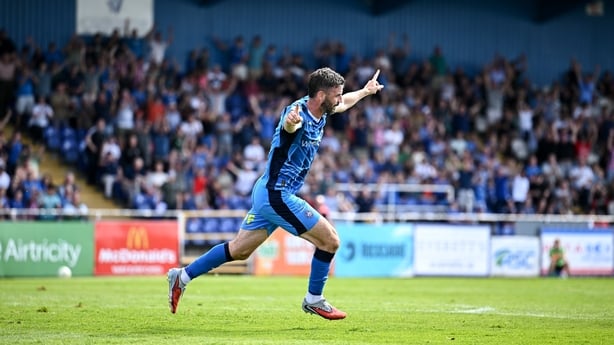 9 August 2026; Pádraig Amond of Waterford celebrates after scoring his side's third goal during the SSE Airtricity Men's Premier Division match between Waterford and Bohemians at the RSC in Waterford. Photo by Seb Daly/Sportsfile