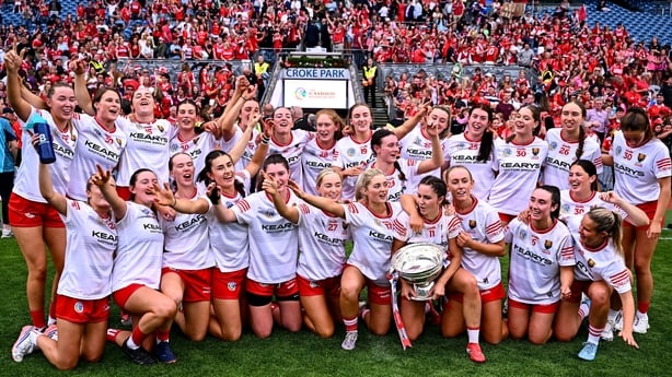 Cork celebrate after victory in the Glen Dimplex All-Ireland Senior Camogie Championship final match between Galway and Cork at Croke Park in Dublin