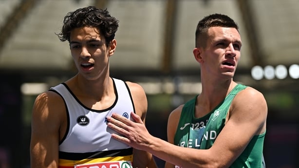 8 June 2024; Jonathan Sacoor of Belgium, left, and Chris O'Donnell of Ireland after competing in round one of the men's 400m during day two of the 2024 European Athletics Championships at the Stadio Olimpico in Rome, Italy. Photo by Sam Barnes/Sportsfile