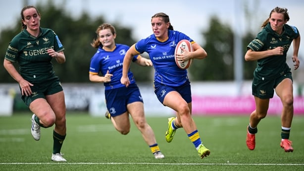 23 August 2025; Katie Whelan of Leinster makes a break during the Vodafone Women's Interprovincial Championship Round 3 match between Connacht and Leinster at Dexcom Stadium in Galway. Photo by Shauna Clinton/Sportsfile