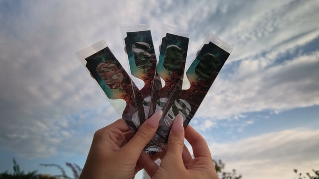 A view of special solar eclipse glasses held towards the sky in Antibes, France