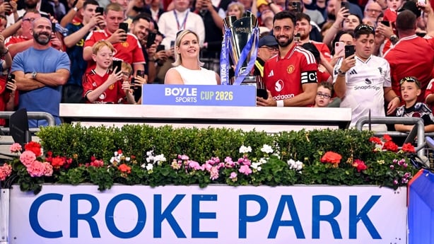 Dublin , Ireland - 12 August 2026; Bruno Fernandes of Manchester United is presented the trophy after his side's victory in the pre-season friendly match between Manchester United and Leeds United at Croke Park in Dublin. (Photo By Stephen McCarthy/Sportsfile via Getty Images)