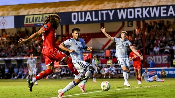 13 August 2026; Milan Mbeng of Shelbourne shoots to score a goal, which was subsequently ruled out for offside, during the UEFA Conference League Third Qualifying Round second leg match between Shelbourne and Ajax at Tolka Park in Dublin. Photo by Stephen McCarthy/Sportsfile