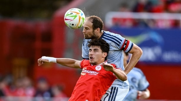 13 August 2026; Rodrigo Freitas of Shelbourne in action against Daley Blind of Ajax during the UEFA Conference League Third Qualifying Round second leg match between Shelbourne and Ajax at Tolka Park in Dublin. Photo by Stephen McCarthy/Sportsfile