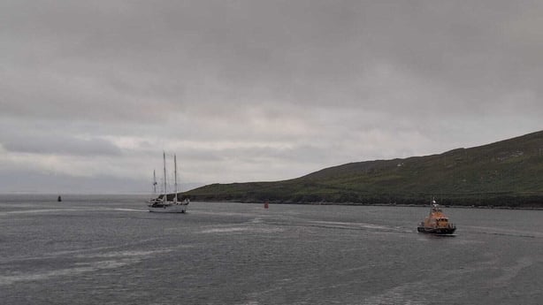 A French-registered sailing vessel is assisted by the RNLI off the coast of Co Mayo