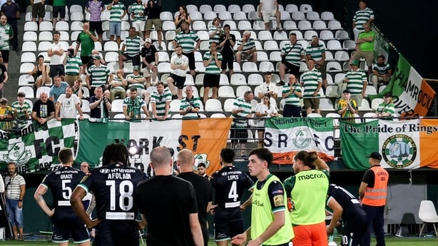 13 August 2026; Shamrock Rovers players with their supporters after the UEFA Europa League Third Qualifying Round second leg match between Egnatia and Shamrock Rovers at Arena Egnatia in Rrogozhinë, Albania. Photo by Nikola Krstic/Sportsfile