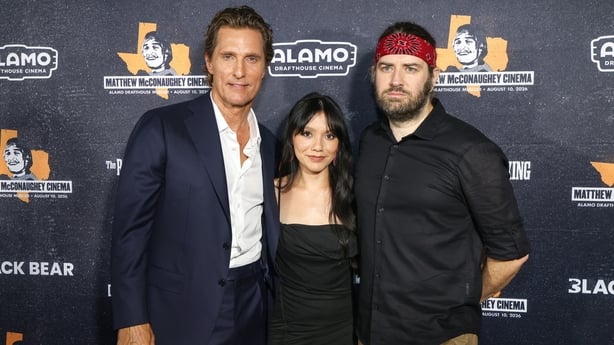 Matthew McConaughey, Angelina LookingGlass, and Andrew Patterson at a special screening of The Rivals of Amziah King at Matthew McConaughey Cinema on 10 August, 2026 in Austin, Texas. (Photo by Rick Kern/Getty Images)