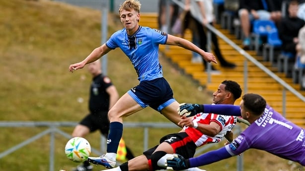 14 August 2026; Louis Dignam of UCD scores his side's first goal during the Club Orange Men's FAI Cup third round match between UCD and Derry City at UCD Bowl in Belfield, Dublin. Photo by Adam Russell/Sportsfile