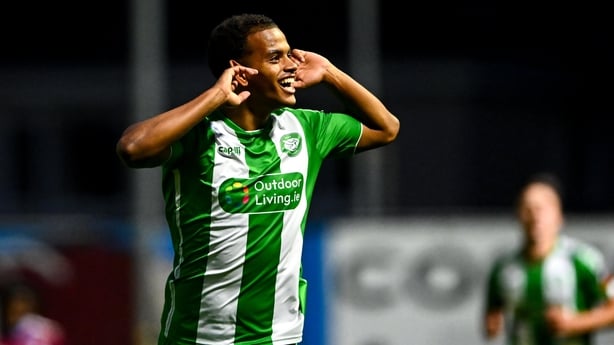 14 August 2026; Tyreik Sammy of Bray Wanderers celebrates in front of the Galway United supporters after scoring his side's first goal during the Club Orange Men's FAI Cup third round match between Galway United and Bray Wanderers at Eamonn Deacy Park in Galway. Photo by Piaras Ó Mídheach/Sportsfile