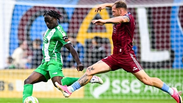 14 August 2026; Benjamin Fagbemi of Bray Wanderers in action against Stephen Walsh of Galway United during the Club Orange Men's FAI Cup third round match between Galway United and Bray Wanderers at Eamonn Deacy Park in Galway. Photo by Piaras Ó Mídheach/Sportsfile