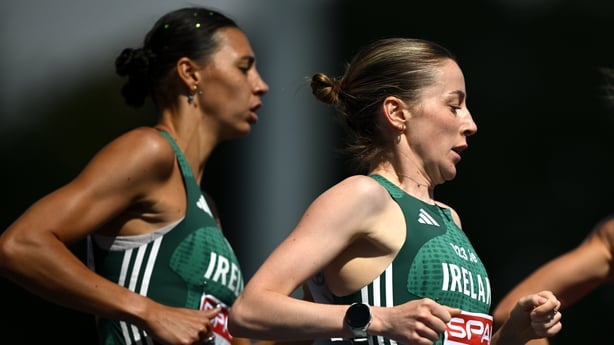 15 August 2026; Sarah Healy, left, and Sophie O'Sullivan of Ireland compete in round 1 of the women's 1500m during day six of the European Athletics Championships 2026 at Alexander Stadium in Birmingham, England. Photo by Sam Barnes/Sportsfile