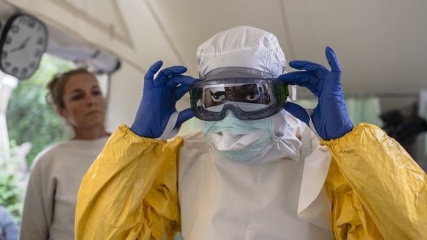 A health worker checks his Personal Protective Equipment (PPE) during a training by medical charity, Médecins Sans Frontières (MSF) to reinforce regional emergency response capacity for Ebola in the Democratic Republic of Congo (DRC) at Ongata Rongai, Kajiado County in Kenya on July 10, 2026