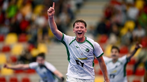 Sam Hyland of Ireland celebrates after scoring his side's fourth goal during the FIH Men's Hockey World Cup 2026 Pool C match between Ireland and South Africa at the Belfius Hockey Arena in Wavre, Belgium