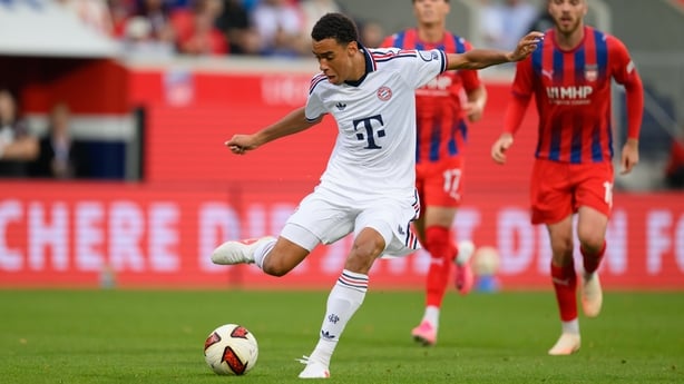 HEIDENHEIM, GERMANY - AUGUST 18: Jamal Musiala of FC Bayern München in action during the preseason friendly match between 1. FC Heidenheim and FC Bayern München at Voith-Arena on August 18, 2026 in Heidenheim, Germany. (Photo by Christian Kaspar-Bartke/Getty Images)