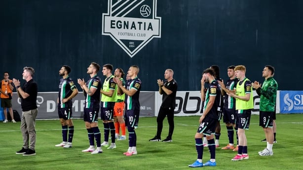 13 August 2026; Shamrock Rovers manager Stephen Bradley and his players applaud their supporters after the UEFA Europa League Third Qualifying Round second leg match between Egnatia and Shamrock Rovers at Arena Egnatia in Rrogozhinë, Albania. Photo by Nikola Krstic/Sportsfile