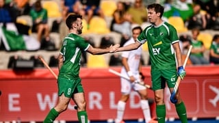 20 August 2026; John McKee, left, and Sean Murray of Ireland celebrate receiving a penalty-corner during the FIH Men's Hockey World Cup 2026 Pool C match between Ireland and Spain at the Belfius Hockey Arena in Wavre, Belgium. Photo by Ben McShane/Sportsf