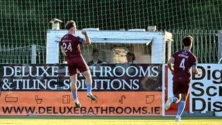 21 August 2026; Ed McCarthy of Galway United celebrates after scoring his side's first goal during the SSE Airtricity Men’s Premier Division match between Dundalk and Galway United at Oriel Park in Dundalk, Louth. Photo by Paul Phelan/Sportsfile