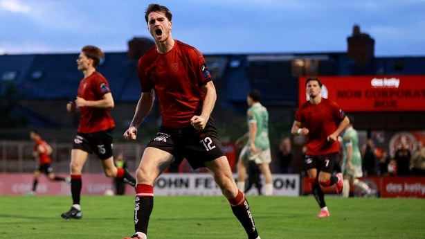 21 August 2026; Patrick Hickey of Bohemians celebrates after scoring his side's first goal during the SSE Airtricity Men's Premier Division match between Bohemians and Derry City at Dalymount Park in Dublin. Photo by Thomas Flinkow/Sportsfile