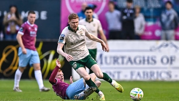 Louth , Ireland - 21 August 2026; Darragh Nugent of St Patrick's Athletic is tackled by Shane Farrell of Drogheda United during the SSE Airtricity Men's Premier Division match between Drogheda United and St Patrick's Athletic at Sullivan & Lambe Park in Drogheda, Louth. (Photo By Tyler Miller/Sports