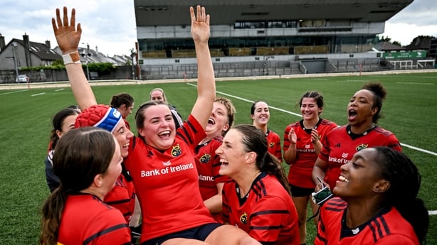 22 August 2026; Katie Corrigan of Munster is given the birthday bumps by her teammates after the Vodafone Womens Interprovincial Championship Round 3 match between Connacht and Munster at Dexcom Stadium in Galway. Photo by Brendan Moran/Sportsfile