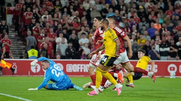 Dan James of Leeds United scores to make it 0-1 during the Carabao Cup round 2 match between Nottingham Forest and Leeds United at the City Ground in Nottingham, United Kingdom