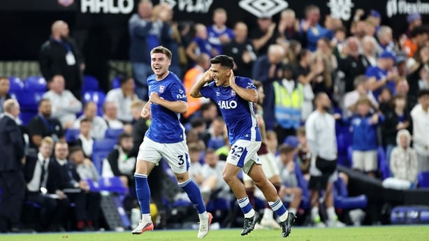 Marcelino Núñez of Ipswich Town celebrates with Leif Davis of Ipswich Town after scoring to make it 3-1 during the Carabao Cup Second Round match between Ipswich Town and Leicester City at Portman Road on August 25, 2026 in Ipswich, England.