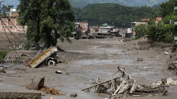 A flood-damaged section of a highway in Nuwakot, Central Nepal