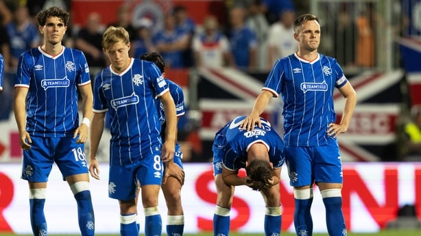 JABLONEC NAD NISOU, CZECH REPUBLIC - AUGUST 27: Rangers Lawrence Shankland consoles Findlay Curtis at Full Time during a UEFA Europa Conference League Playoff Round Second Leg match between FK Jablonec and Rangers at the Chance Arena, on August 27, 2026, in Jablonec nad Nisou, Czech Republic. (Photo