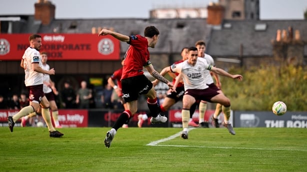 Dawson Devoy of Bohemians scores his side's first goal during the SSE Airtricity Men's Premier Division match between Bohemians and Sligo Rovers at Dalymount Park in Dublin
