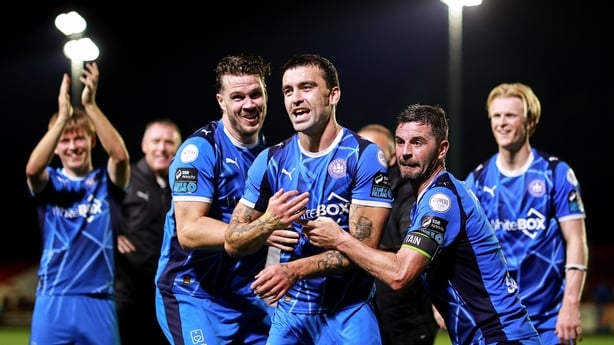 Waterford players, including John Mahon, centre, celebrate after their side's victory in the SSE Airtricity Men's Premier Division match between St Patrick's Athletic and Waterford at Richmond Park in Dublin