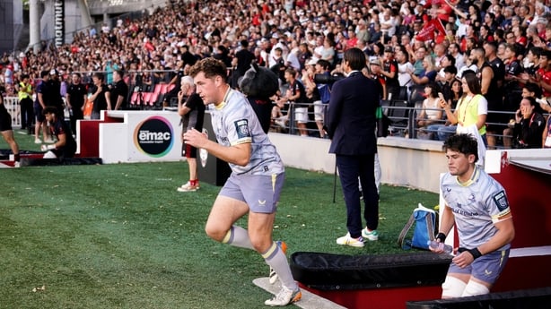 28 August 2026; Leinster captain Gus McCarthy leads teammate Alex Mullan and the rest of the team onto the pitch before the pre-season match match between Lyon and Leinster at Stade Matmut de Gerland in Lyon, France. Photo by Dave Winter/Sportsfile