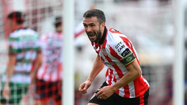 30 August 2026; Michael Duffy of Derry City celebrates after scoring his side's seond goal during the SSE Airtricity Men's Premier Division match between Derry City and Shamrock Rovers at The Ryan McBride Brandywell Stadium in Derry. Photo by Stephen McCarthy/Sportsfile