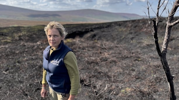 Ann Fitzpatrick stands in front of earth scorched from wildfires in Wicklow