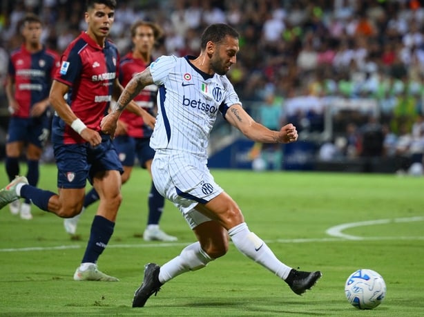 Hakan Calhanoglu of FC Internazionale in action during the Serie A match between Cagliari Calcio and FC Internazionale at Unipol Domus on August 30, 2026 in Cagliari, Italy