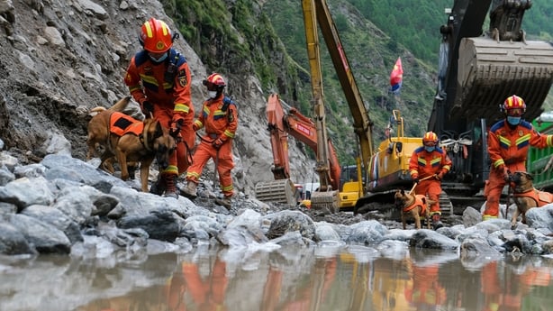 GYIRONG, CHINA - AUGUST 30: Rescuers carry out search and rescue operations at the mudslide-hit area on August 30, 2026 in Gyirong, Xizang Autonomous Region of China. Rescuers are racing against time and the odds in search of survivors after a devastating mudslide, triggered by an ice-rock avalanche