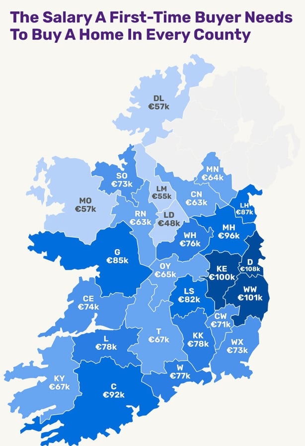 Map of Ireland showing breakdown of county incomes