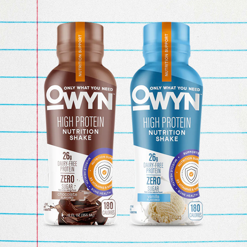OWYN High Protein Nutrition Shake in chocolate and vanilla flavors, 26g dairy-free protein, zero sugar, 180 calories each. OWYN High Protein Nutrition Shake in chocolate and vanilla flavors, 26g dairy-free protein, zero sugar, 180 calories each.