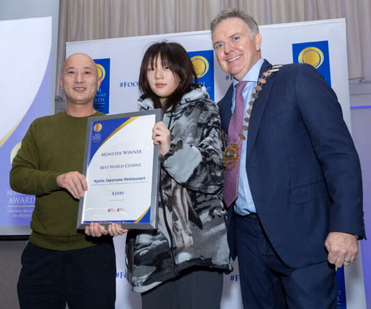 Sam accepting his Best World Cuisine Munster award for Kyoto Tralee