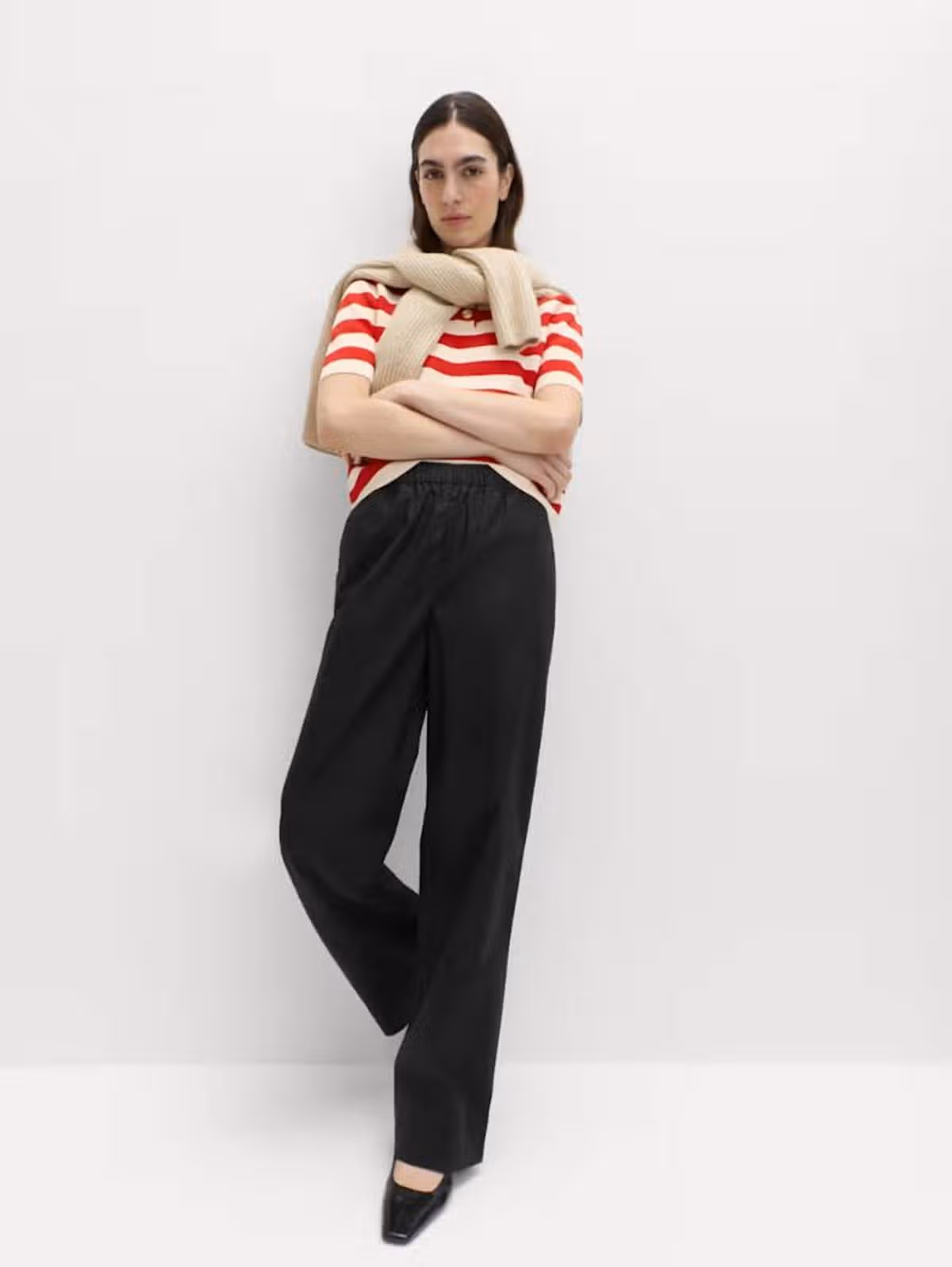 M&S's Pure Cotton Poplin Pull On Straight Leg Trousers in black