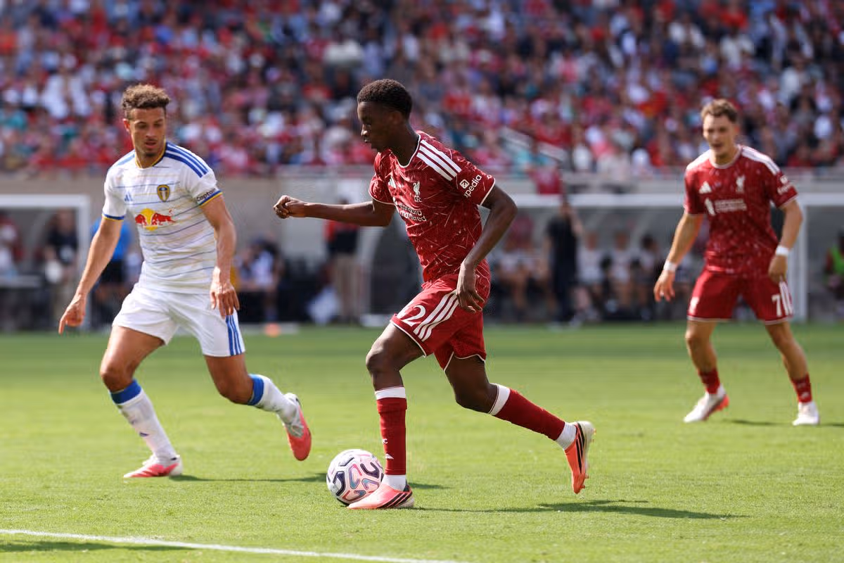 Trey Nyoni of Liverpool runs with the ball during the Pre-Season Friendly match between Liverpool FC and Leeds United at Soldier Field on August 02, 2026 in Chicago, Illinois