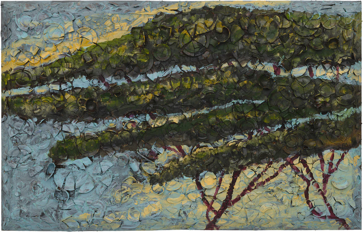 Abstract painting of trees with textured brushwork in green and blue tones.