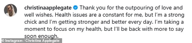 She posted a snap of her memoir You With The Sad Eyes, sharing that she would be 'taking a moment to focus on her health'