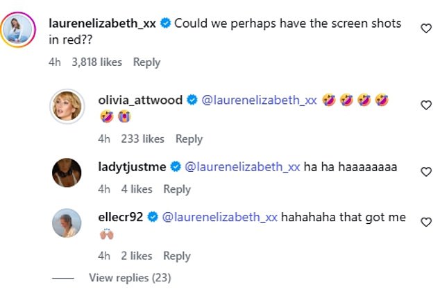 Making light of the reason screenshot drama, one person wrote: 'Could we perhaps have the screen shots in red?', to which Liv replied with laughing emojis