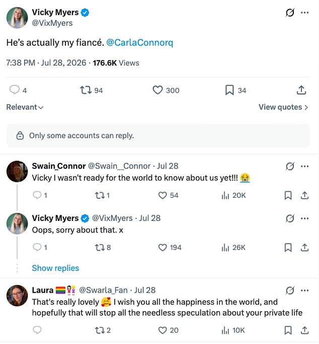 But now she also has a real wedding on the horizon as she confirmed she was in fact engaged to a mystery partner while replying to a cruel troll in X comments