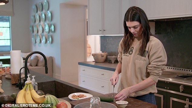 It mirrors a now very famous The Kardashians scene where Kendall Jenner, 30, tries to make herself a cucumber snack but struggles to cut it
