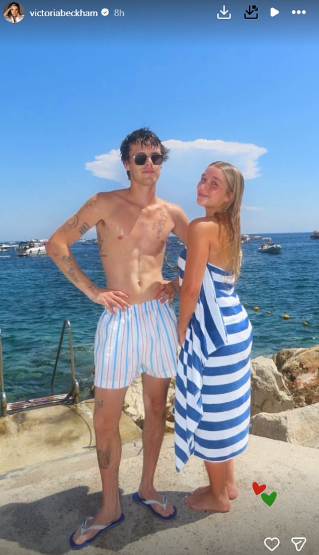 Victoria Beckham gushed over her close knit family as she revealed she is 'making memories with special people' on her European summer holiday (pictured Cruz and Harper)