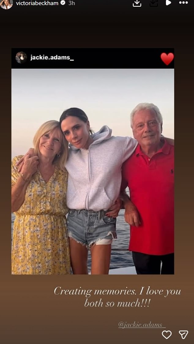 Victoria's parents, Jackie and Tony, had flown out to join them and she shared a picture of herself with her arms around them on her Story