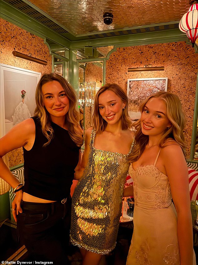 For her hen celebrations, Phoebe wore a silver-tone metallic mini-dress that featured wide straps and a scooped neckline, which she teamed with strappy heels