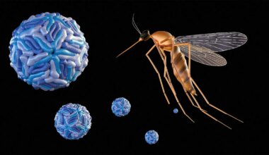 A computer rendering of a dengue virus particles and a mosquito.