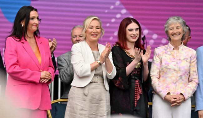 first-minister-michelle-oneill-second-from-left-deputy-first-minister-emma-little-pengelly-left-and-irish-president-catherine-connolly-right-at-fleadh-cheoil-na-heireann-2026-which-has-offici